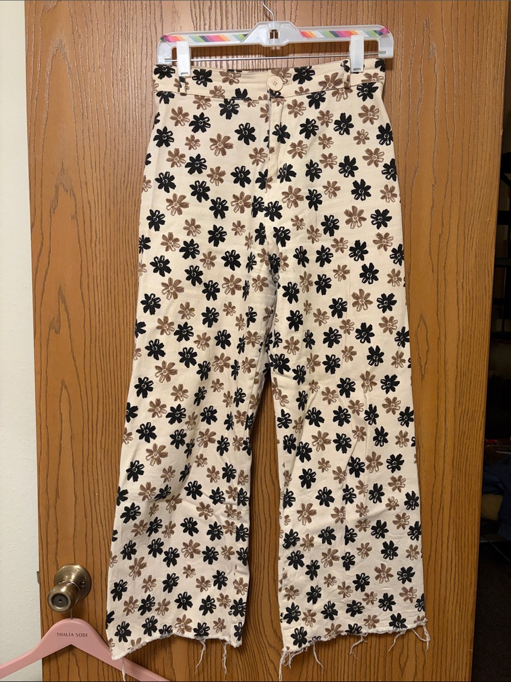 Floral Print Cream and Black Wide-Leg Pants
